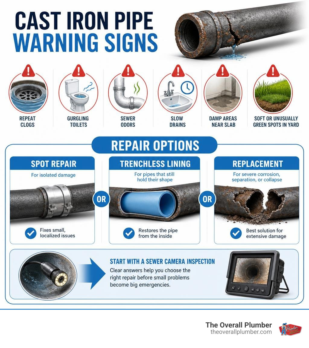 Cast iron pipe warning signs and repair options infographic Cast iron pipe warning signs and repair options infographic