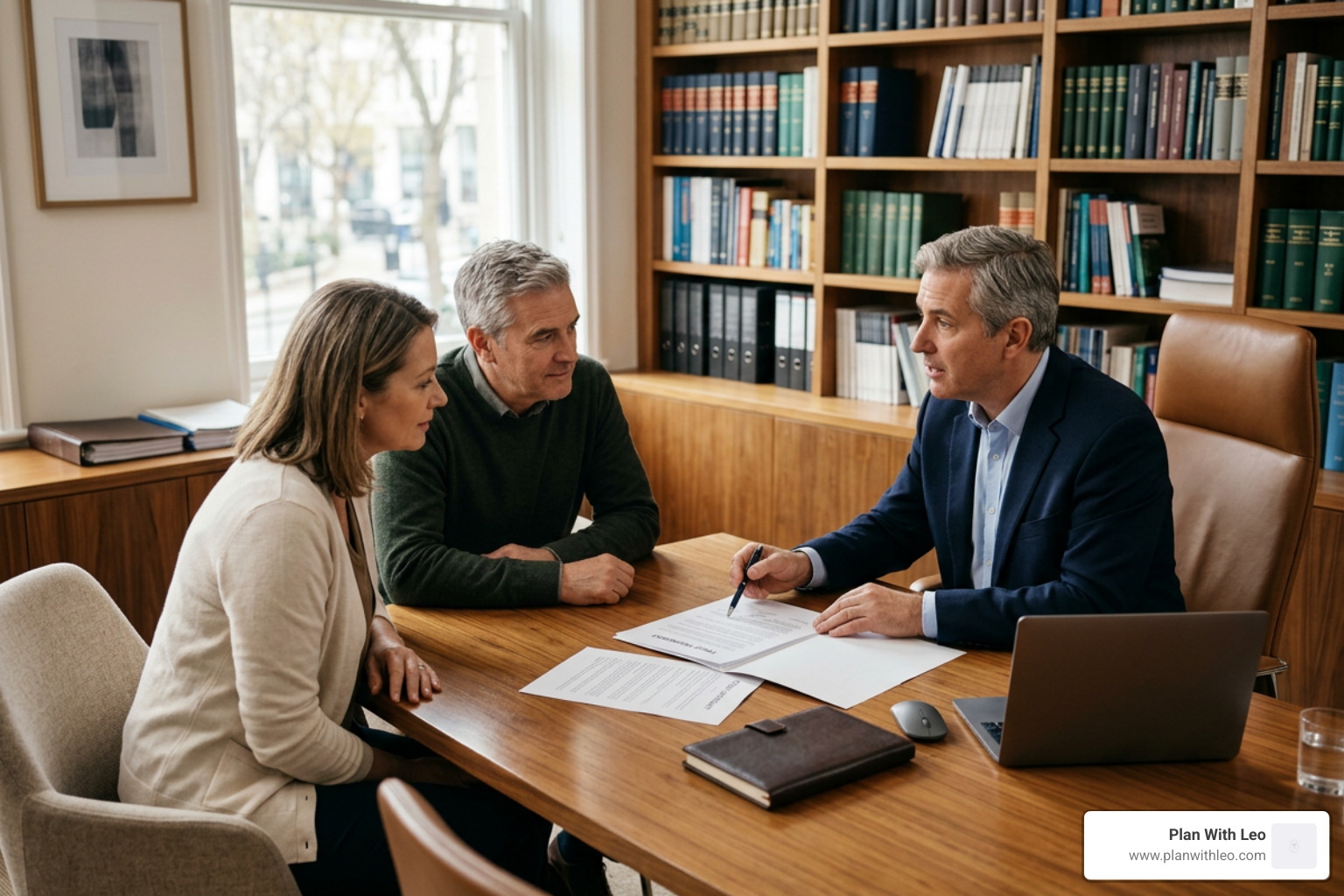 Estate attorney reviewing trust structures and asset protection plans with clients Estate attorney reviewing trust structures and asset protection plans with clients