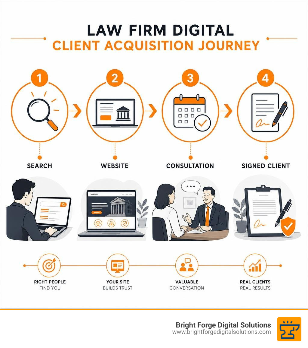 Law firm digital client acquisition journey: search, website, consultation, signed client infographic Law firm digital client acquisition journey: search, website, consultation, signed client infographic