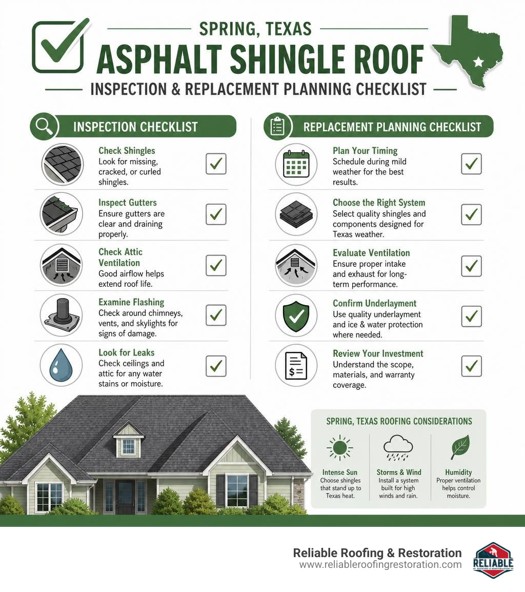 Infographic showing Spring Texas asphalt shingle roof inspection and replacement planning checklist infographic