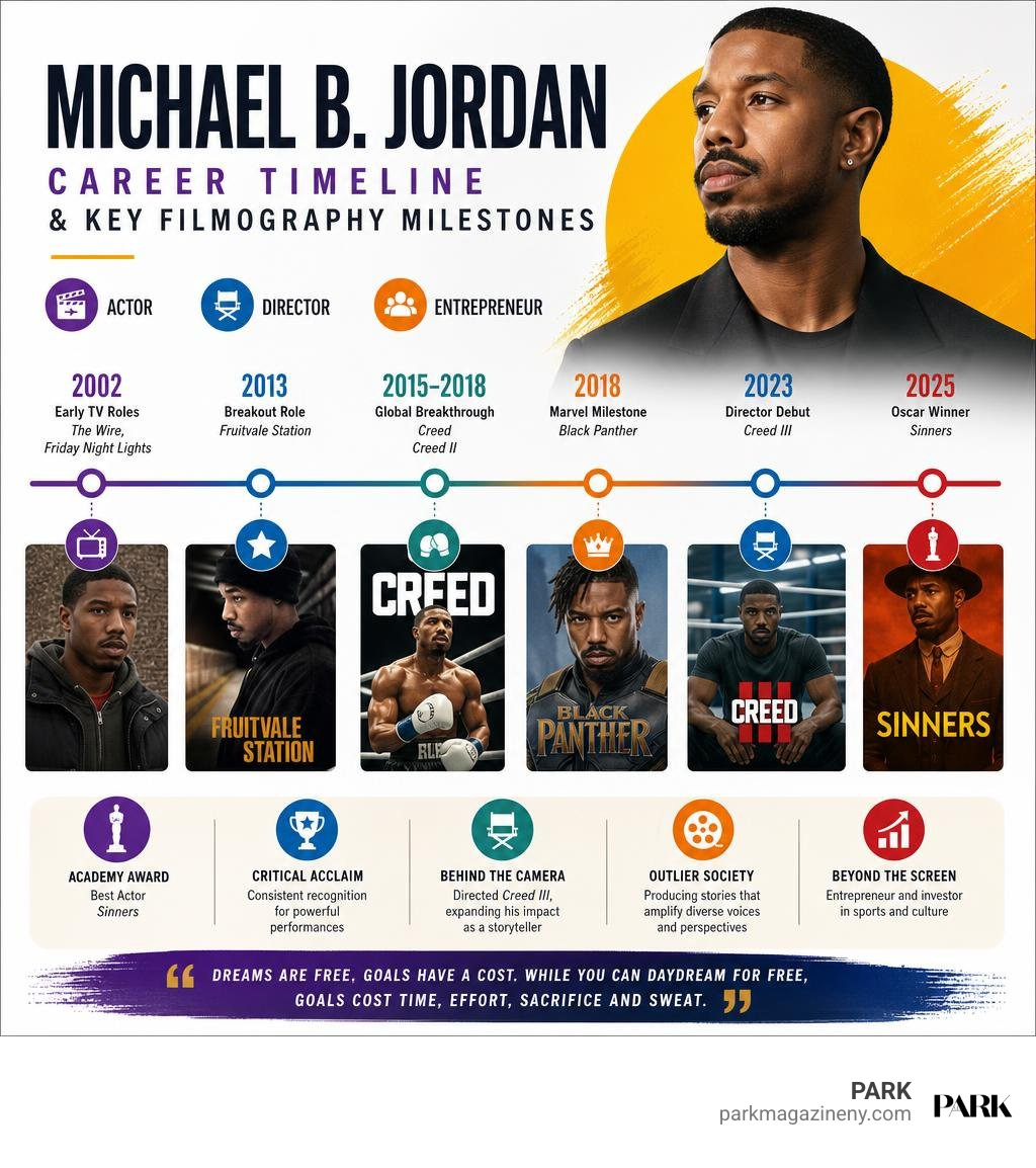 Michael B. Jordan career timeline and key filmography milestones infographic Michael B. Jordan career timeline and key filmography milestones infographic