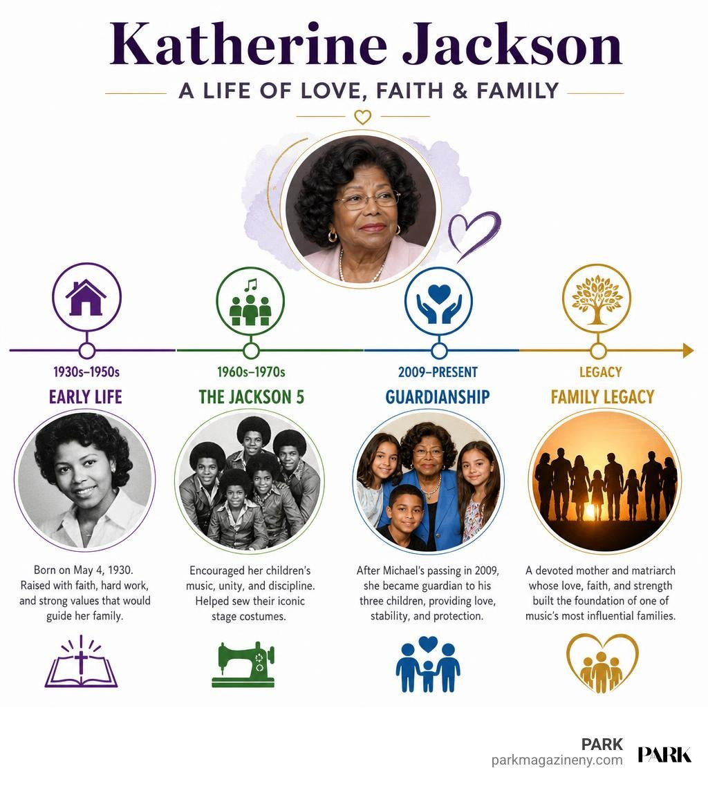 Katherine Jackson timeline: early life, Jackson 5, guardianship, and family legacy infographic Katherine Jackson timeline: early life, Jackson 5, guardianship, and family legacy infographic