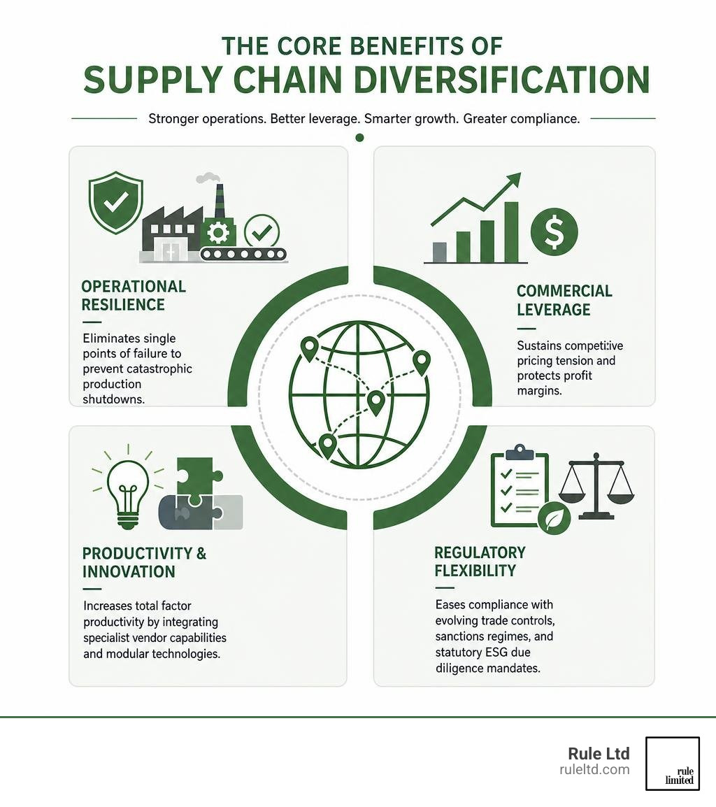 Overview of the core commercial, operational, and regulatory benefits of supply chain diversification infographic Overview of the core commercial, operational, and regulatory benefits of supply chain diversification infographic