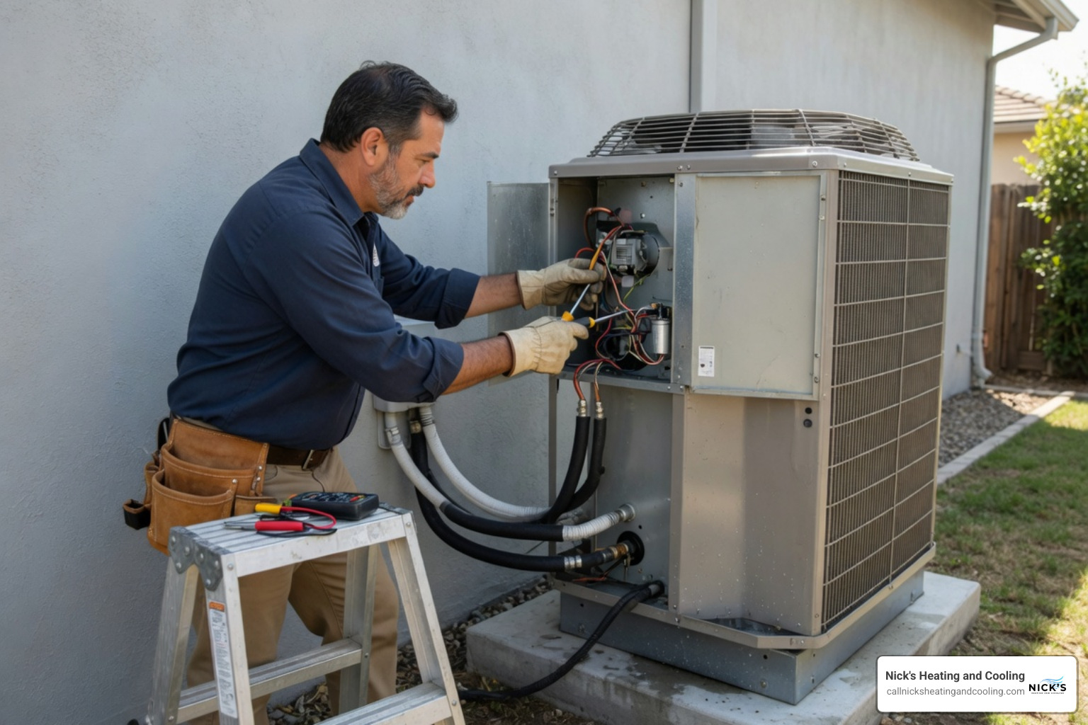 certified HVAC technician inspecting an outdoor AC unit certified HVAC technician inspecting an outdoor AC unit