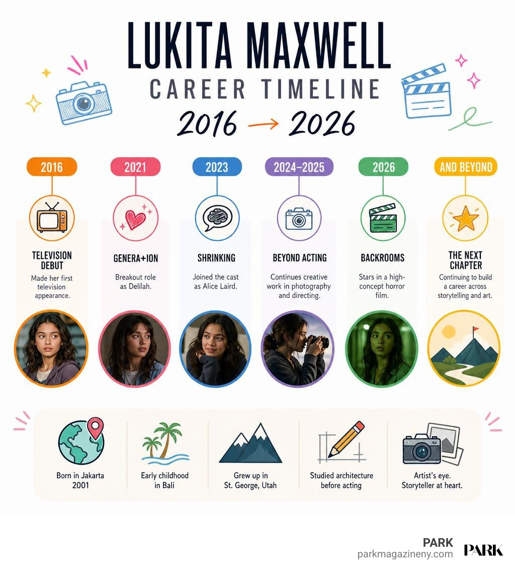 Lukita Maxwell career timeline from 2016 television debut to 2026 Backrooms infographic Lukita Maxwell career timeline from 2016 television debut to 2026 Backrooms infographic