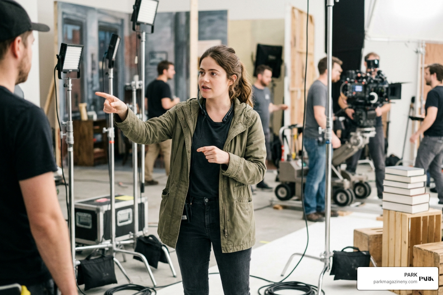 Molly Gordon directing on the set of Theater Camp Molly Gordon directing on the set of Theater Camp