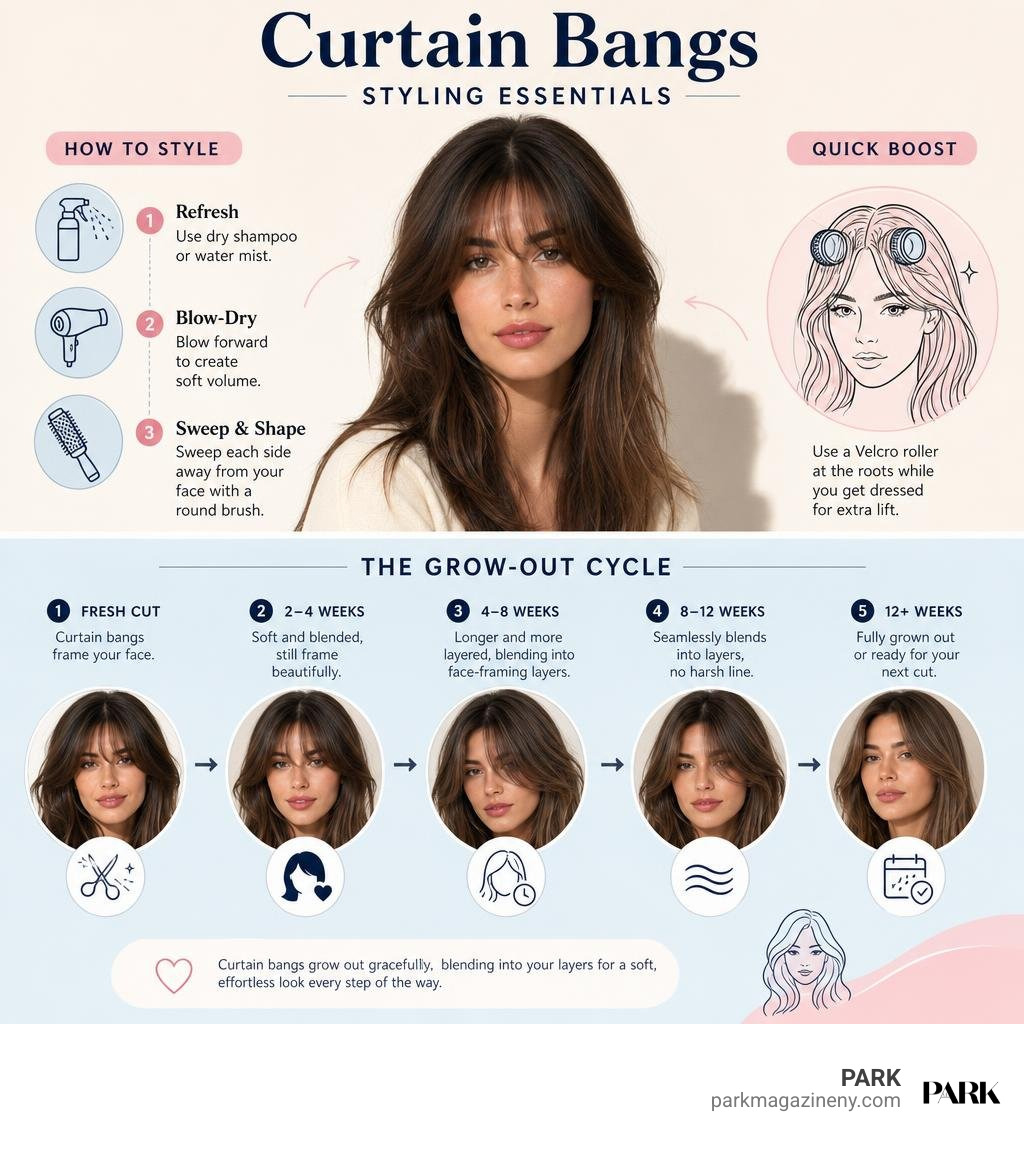 Curtain bangs styling and grow-out cycle infographic Curtain bangs styling and grow-out cycle infographic