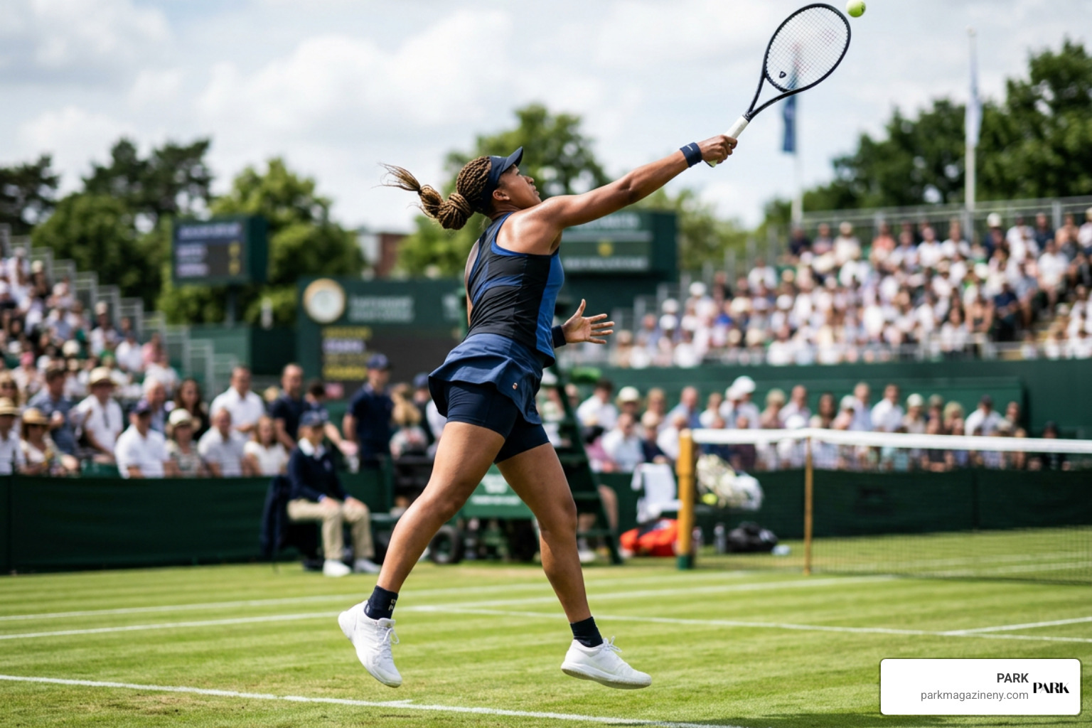 Naomi Osaka serving with dynamic power on grass court Naomi Osaka serving with dynamic power on grass court