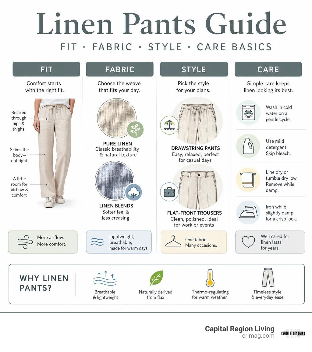 Linen pants guide: fit, fabric, style, and care basics infographic