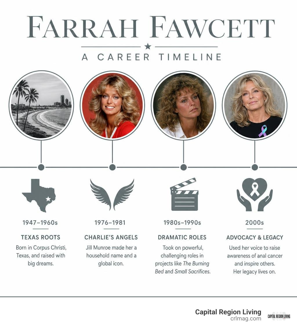 Farrah Fawcett career timeline: Texas, Charlies Angels, dramatic roles, cancer advocacy infographic Farrah Fawcett career timeline: Texas, Charlies Angels, dramatic roles, cancer advocacy infographic