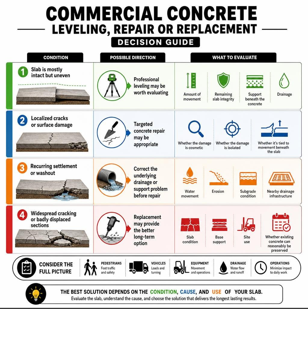 Commercial concrete leveling repair or replacement decision guide infographic