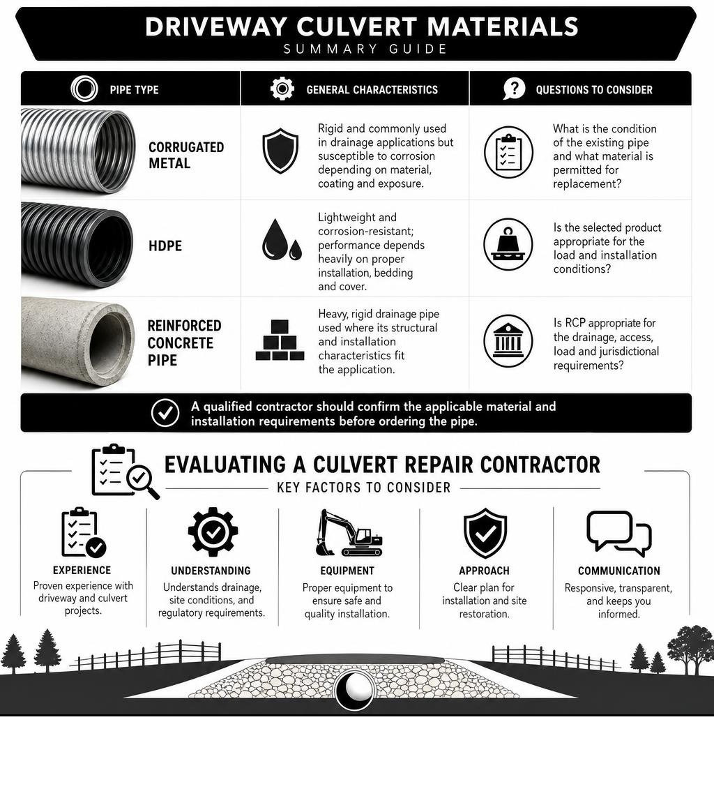 Driveway culvert materials and contractor evaluation factors infographic