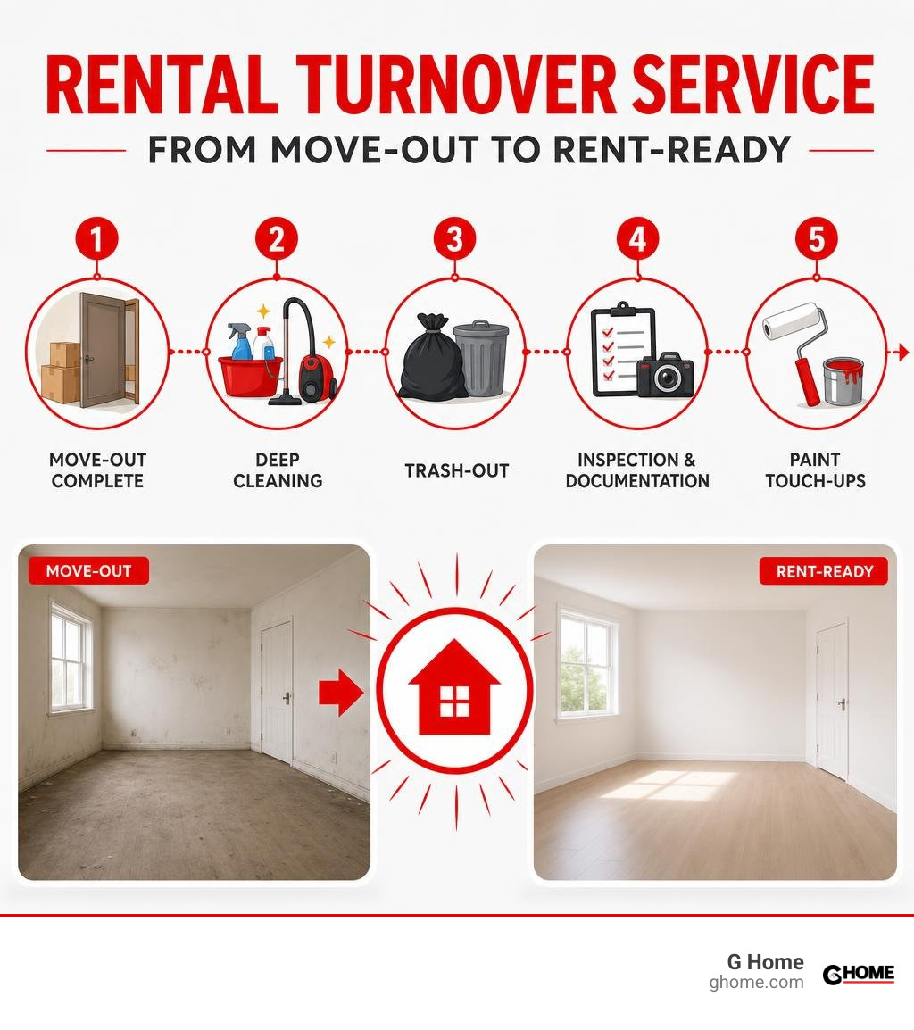 Rental turnover service timeline infographic from move-out to rent-ready without the minor repairs and touch-ups step