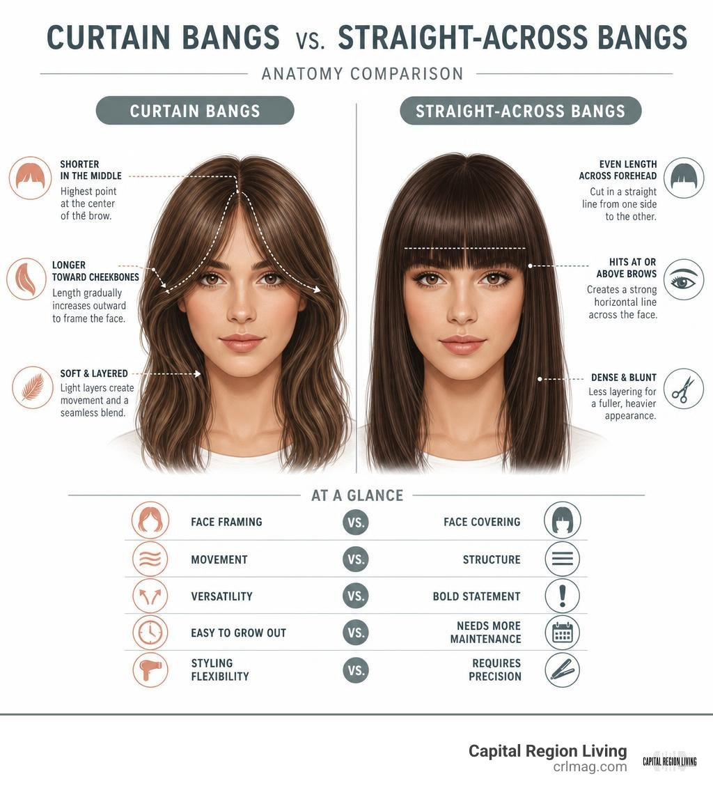 Curtain bangs anatomy compared with straight-across bangs infographic Curtain bangs anatomy compared with straight-across bangs infographic