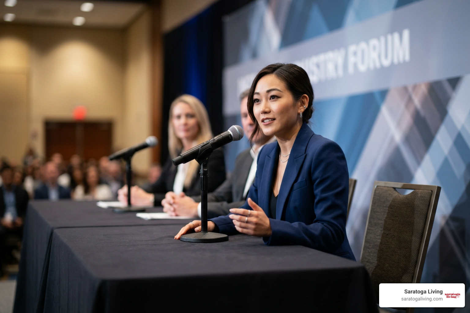 Karen Fukuhara speaking on an industry panel