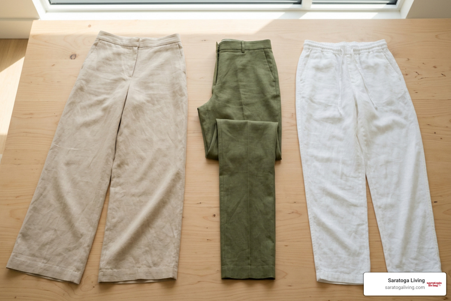 Various linen pant cuts including wide leg and tailored trousers Various linen pant cuts including wide leg and tailored trousers
