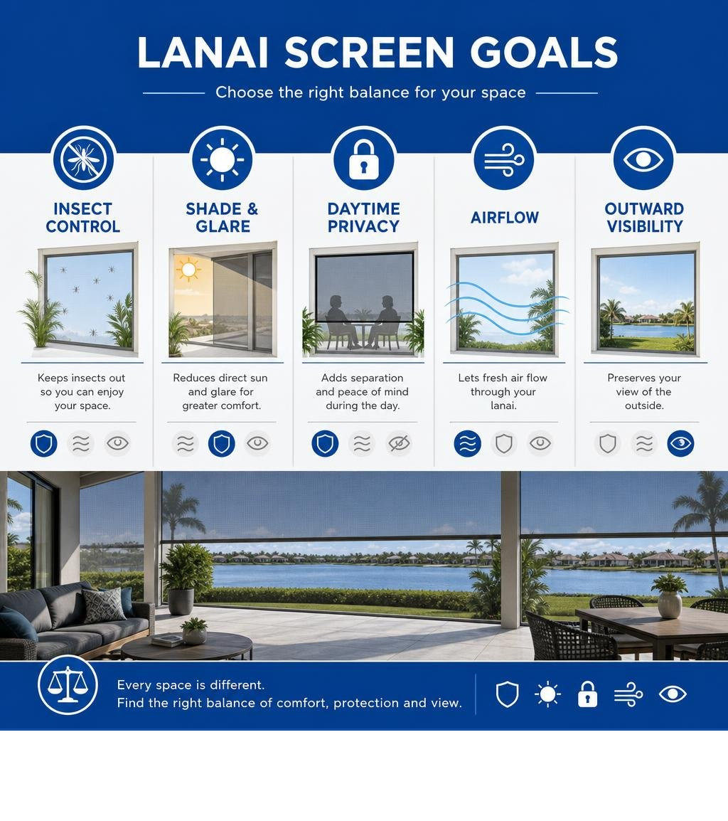 Lanai screen goals for insect control, shade, privacy, airflow and visibility infographic