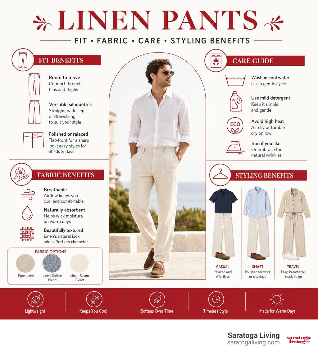 Linen pants fit fabric care and styling benefits infographic Linen pants fit fabric care and styling benefits infographic