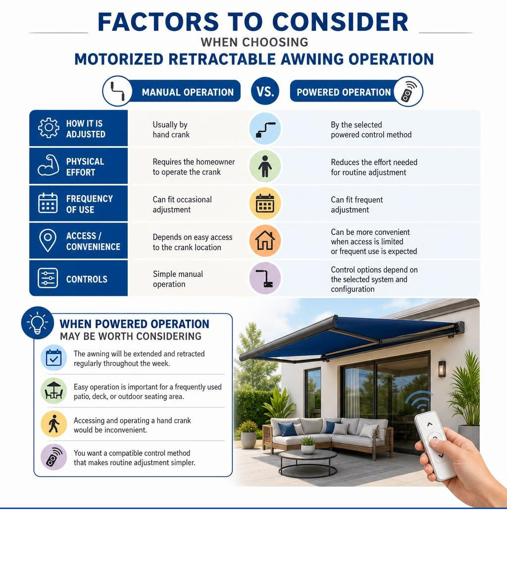 Factors to consider when choosing motorized retractable awning operation infographic Factors to consider when choosing motorized retractable awning operation infographic