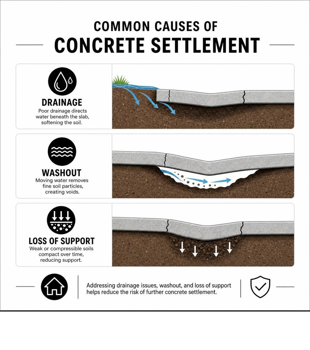 diagram showing common causes of concrete settlement including drainage, washout, and loss of support beneath a slab diagram showing common causes of concrete settlement including drainage, washout, and loss of support beneath a slab