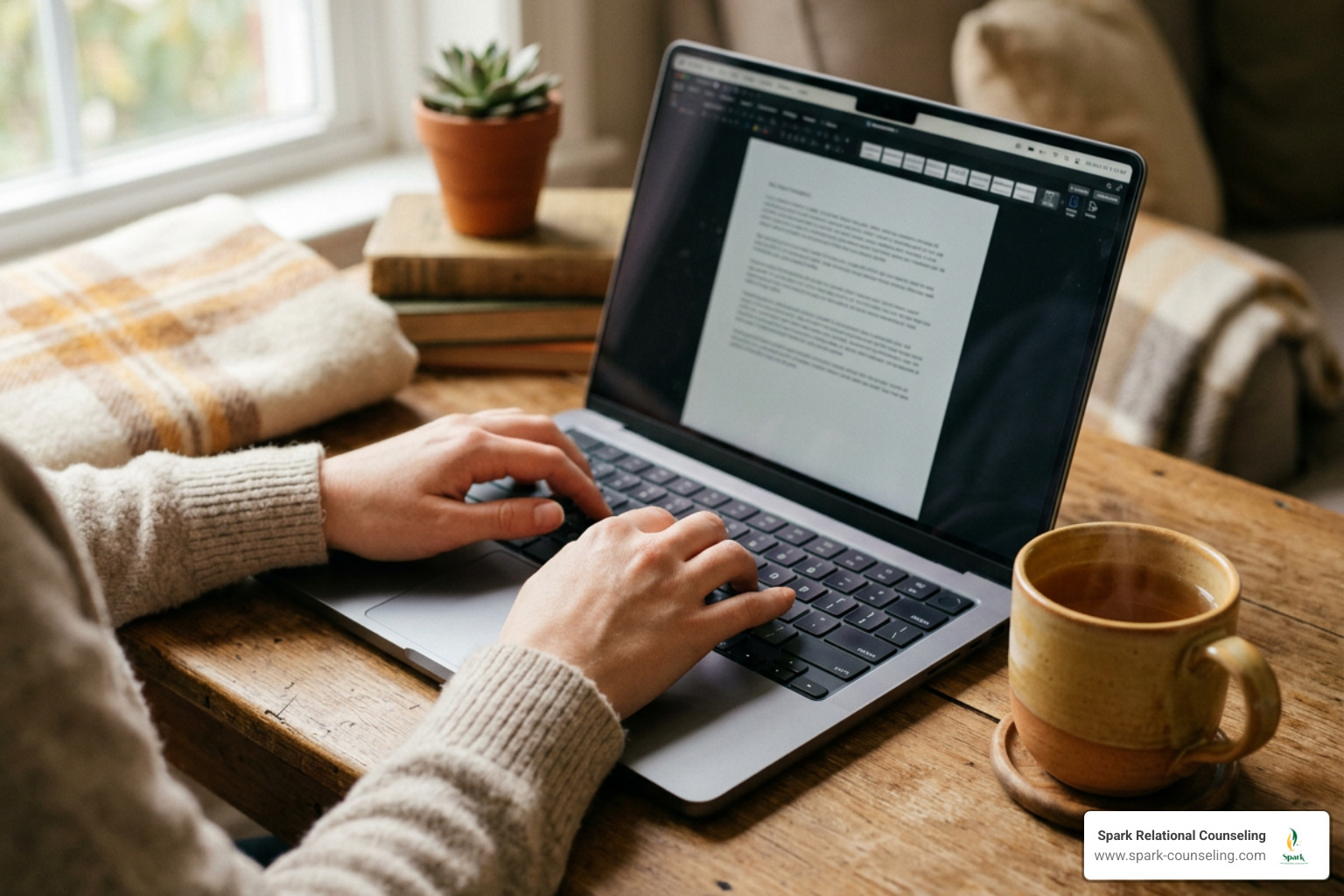 Client engaging in an intentional virtual therapy session from home Client engaging in an intentional virtual therapy session from home