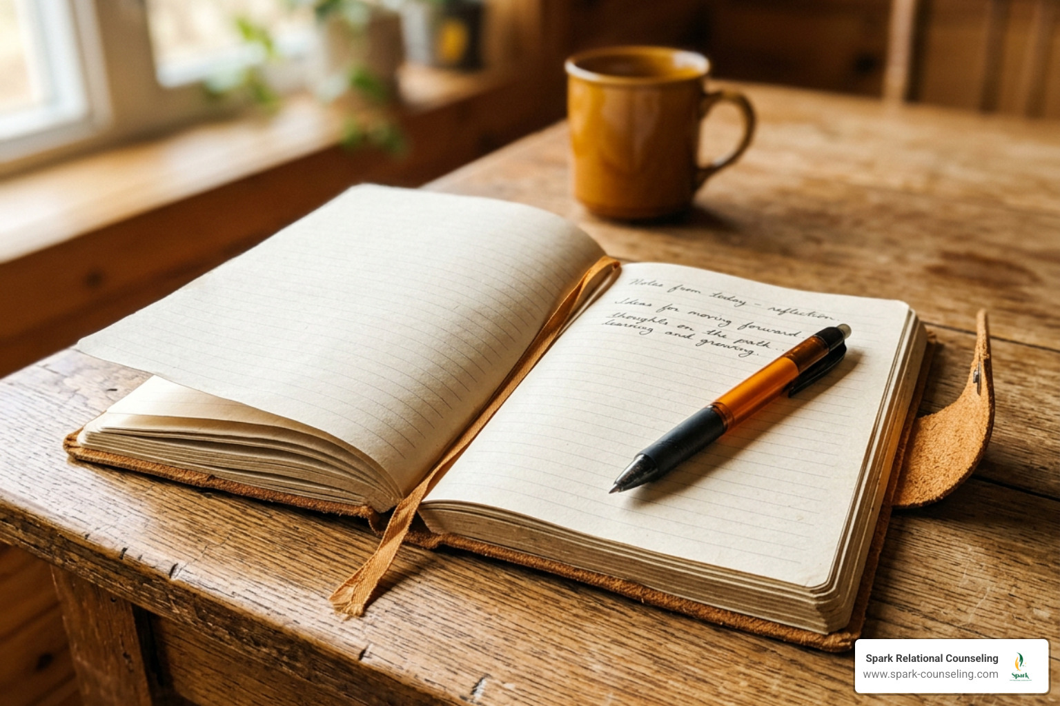 close-up of an open, warm-toned journal and pen on a minimalist wooden table close-up of an open, warm-toned journal and pen on a minimalist wooden table