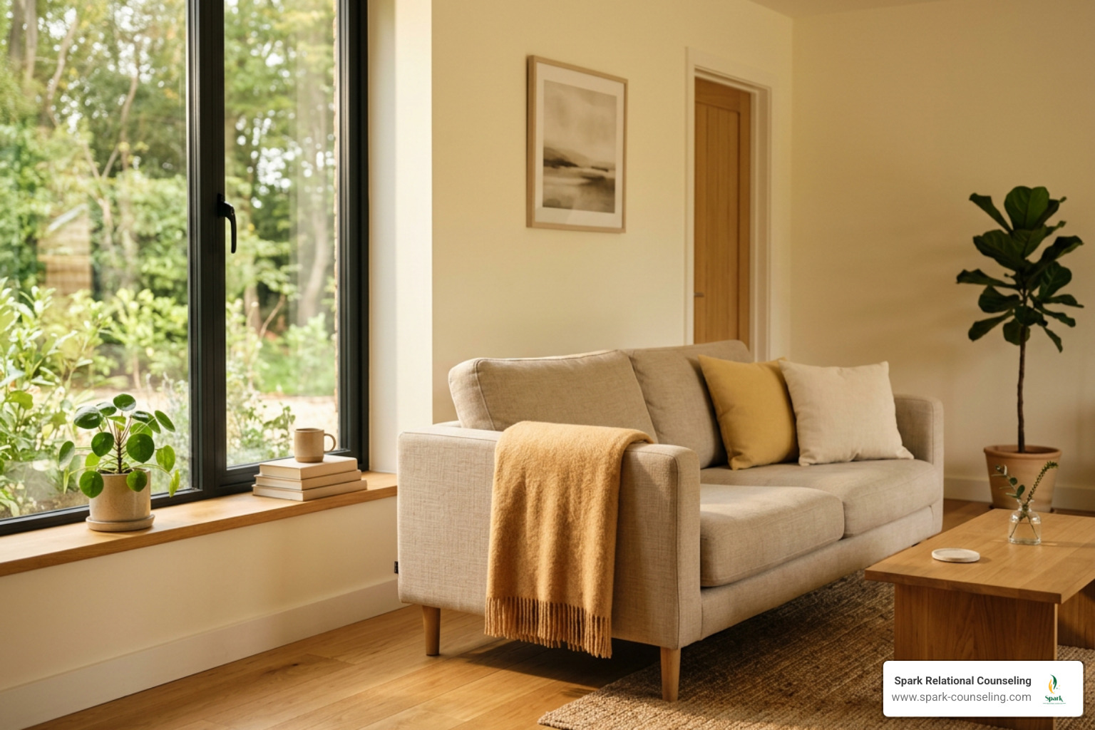 A serene, minimalist living space illuminated by warm morning light A serene, minimalist living space illuminated by warm morning light