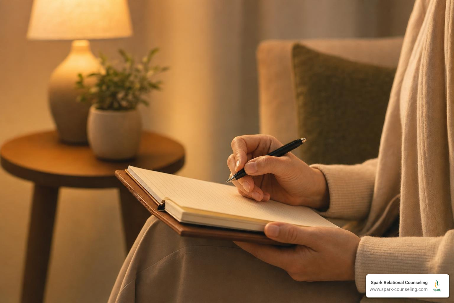 Warm face-free capture of therapist hands holding reflective notes in amber lighting Warm face-free capture of therapist hands holding reflective notes in amber lighting