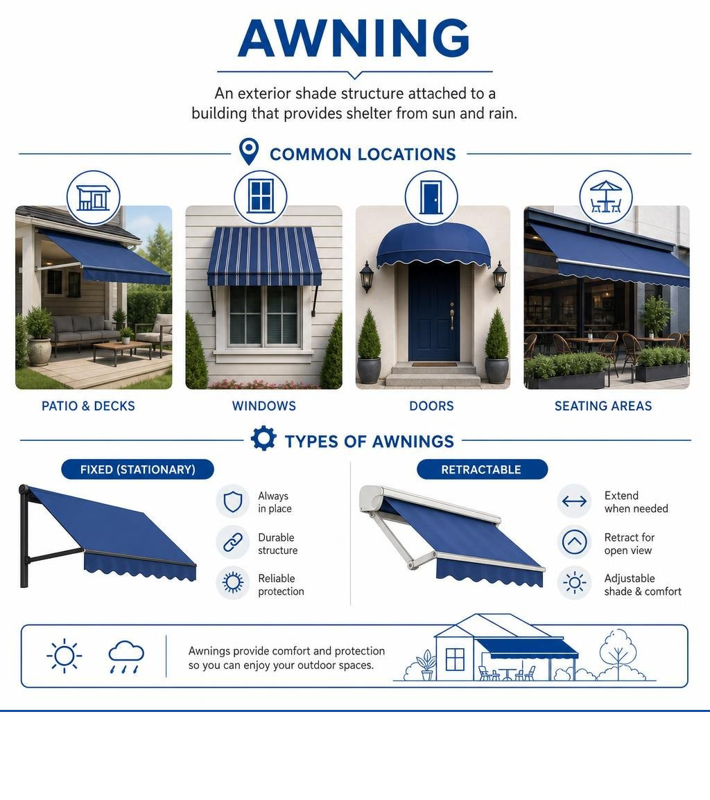 Awning definition showing common locations and fixed versus retractable types infographic