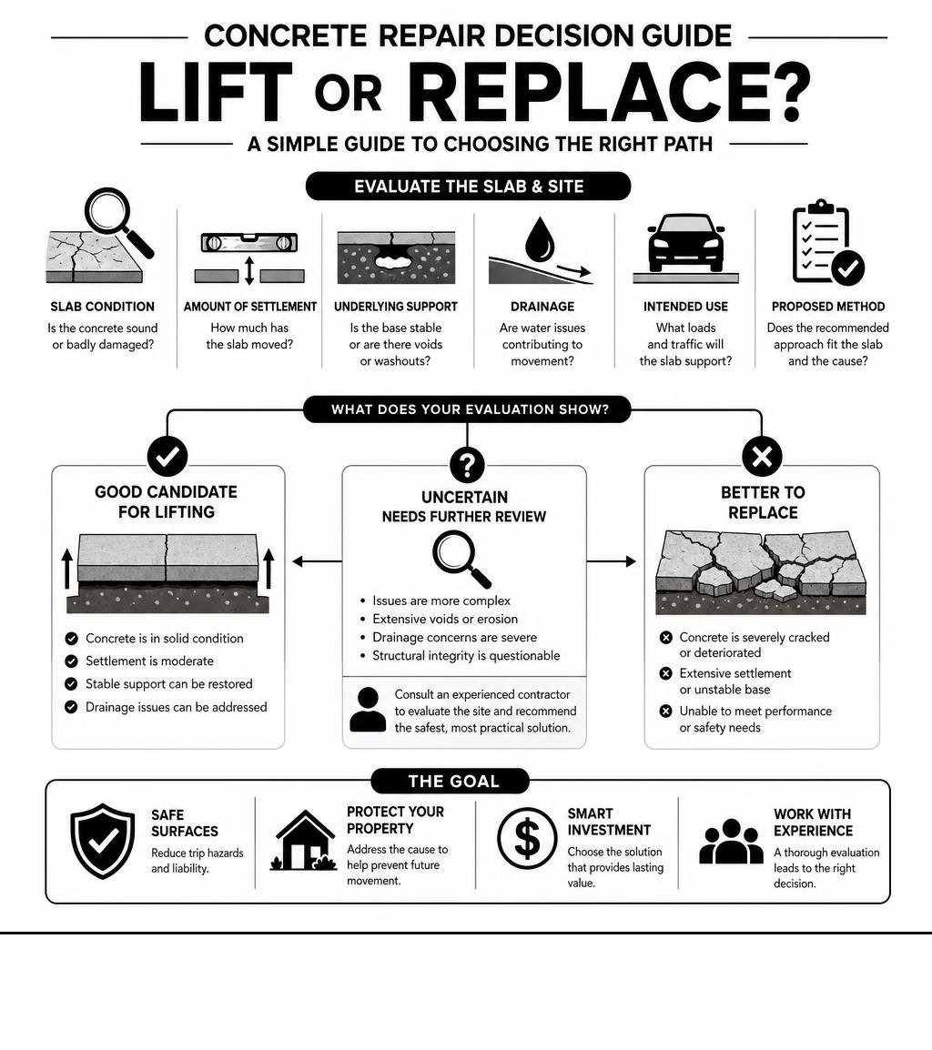 decision guide for evaluating concrete lifting versus replacement infographic decision guide for evaluating concrete lifting versus replacement infographic