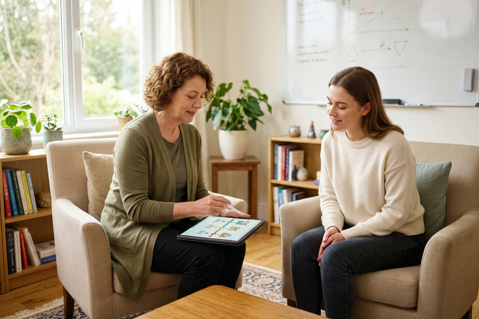 Therapist guiding a patient through a structured recovery timeline