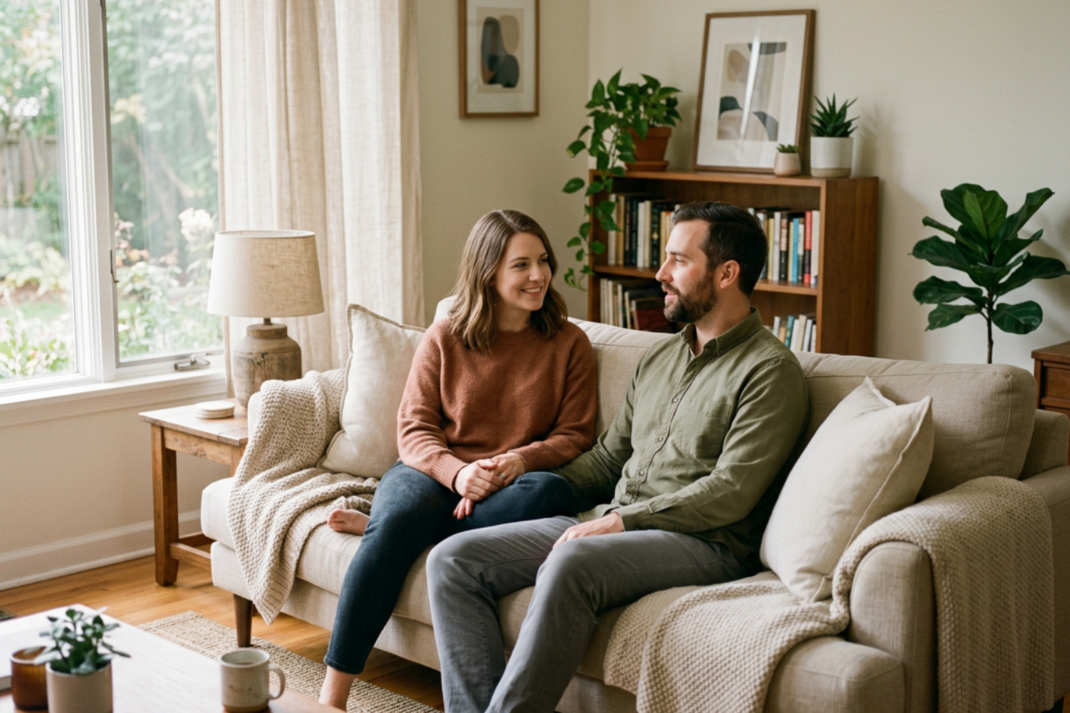 Couple sitting on a sofa in quiet reflection during a calm discussion Couple sitting on a sofa in quiet reflection during a calm discussion