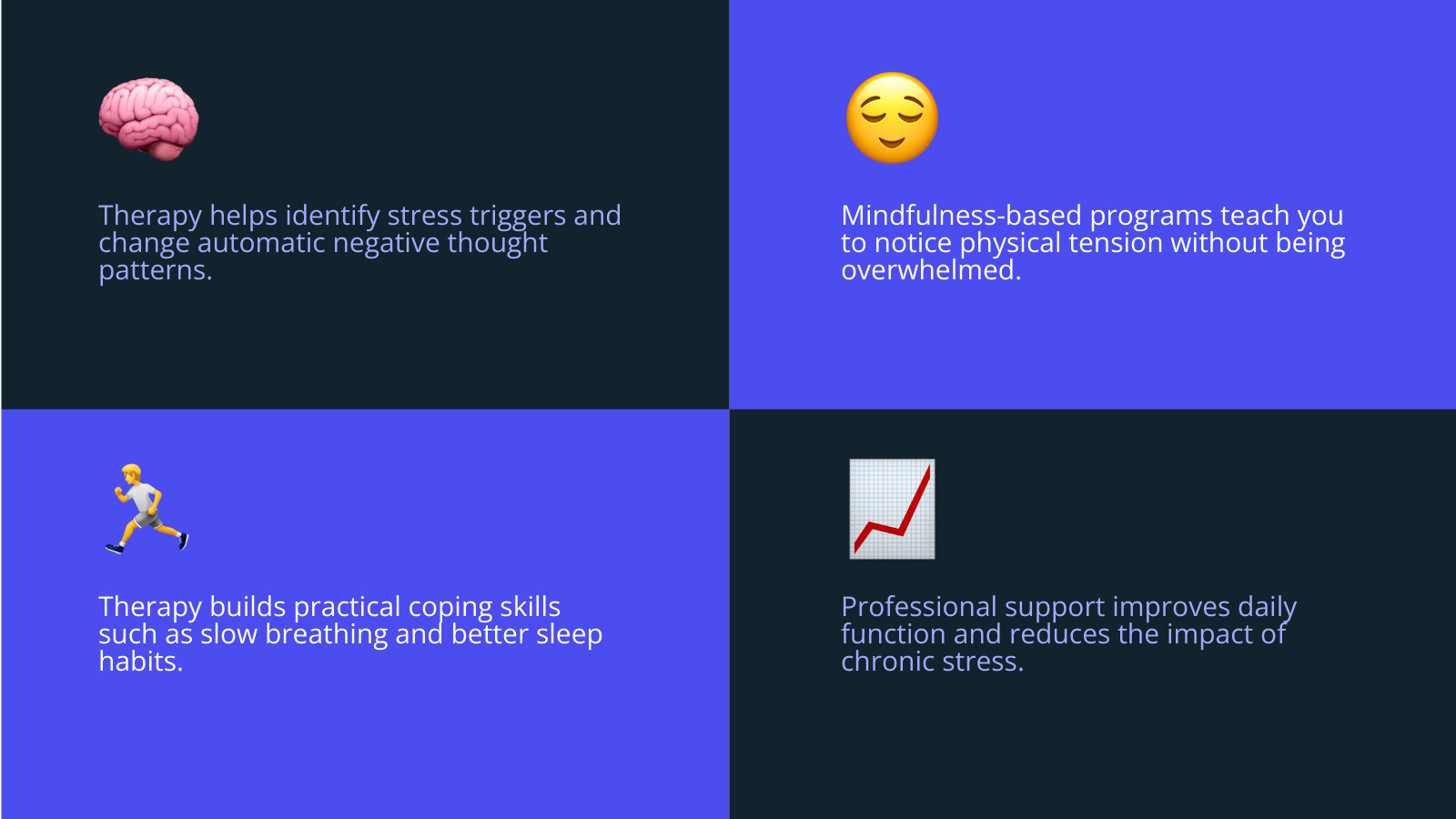 Therapy benefits for stress relief: thoughts, body response, coping skills, and daily function infographic