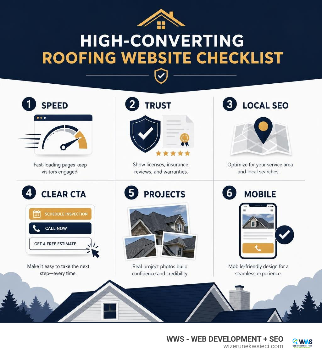 High-converting roofing website checklist: speed, trust, local SEO, CTA, projects, mobile infographic