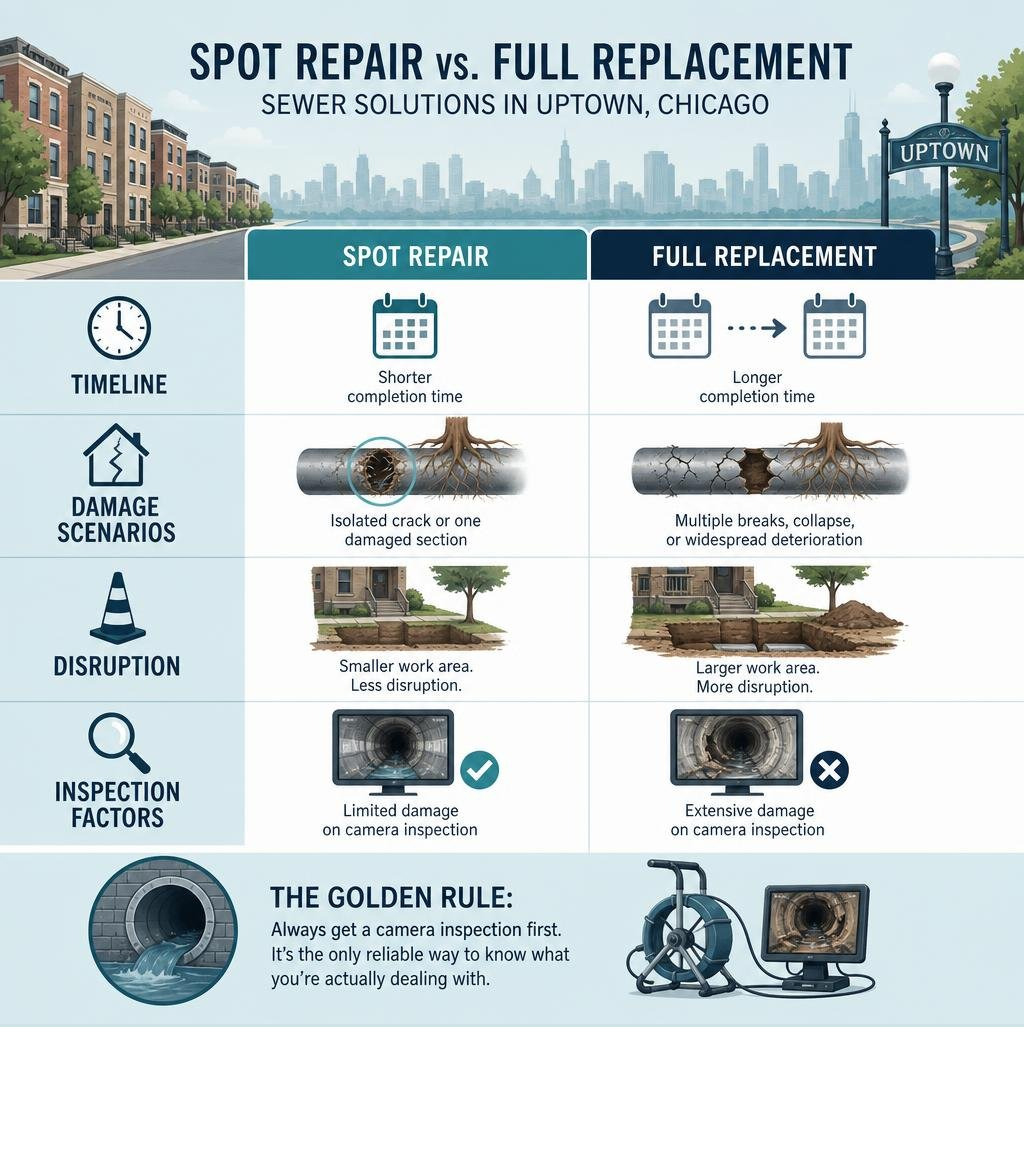 Infographic comparing sewer spot repair vs full replacement timelines damage scenarios disruption and inspection factors in Infographic comparing sewer spot repair vs full replacement timelines damage scenarios disruption and inspection factors in