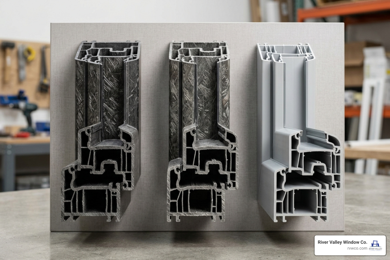 Cross-section comparison of high-density fiberglass, standard fiberglass, and vinyl window frames Cross-section comparison of high-density fiberglass, standard fiberglass, and vinyl window frames