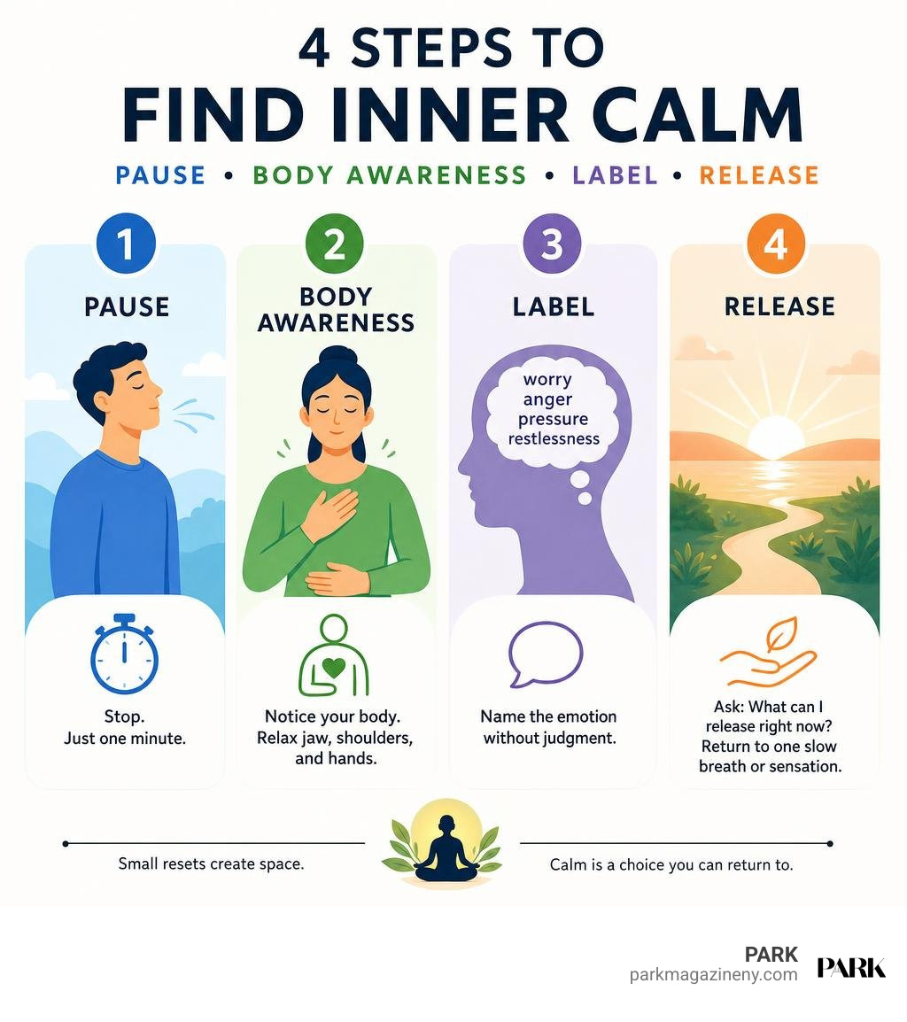 Infographic: four steps to find inner calm through pause, body awareness, labeling, and release infographic Infographic: four steps to find inner calm through pause, body awareness, labeling, and release infographic