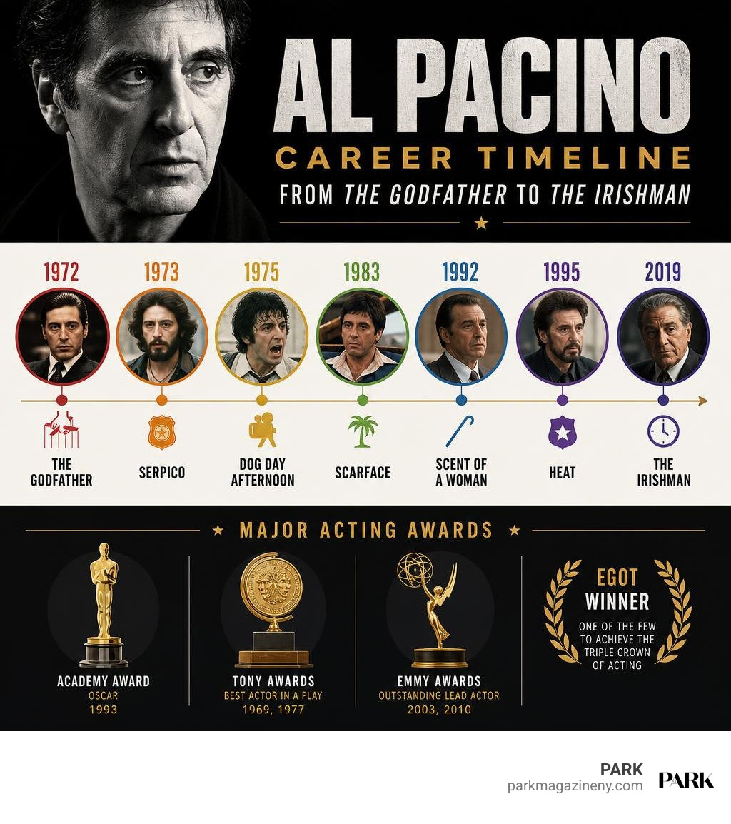 Al Pacino career timeline from The Godfather to The Irishman and major acting awards infographic