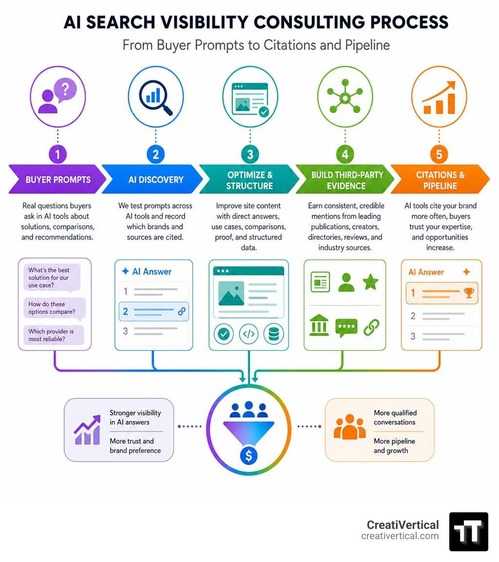 AI search visibility consulting process from buyer prompts to citations and pipeline infographic