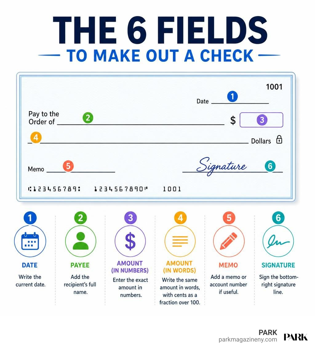 Infographic showing the six fields needed to make out a check infographic Infographic showing the six fields needed to make out a check infographic
