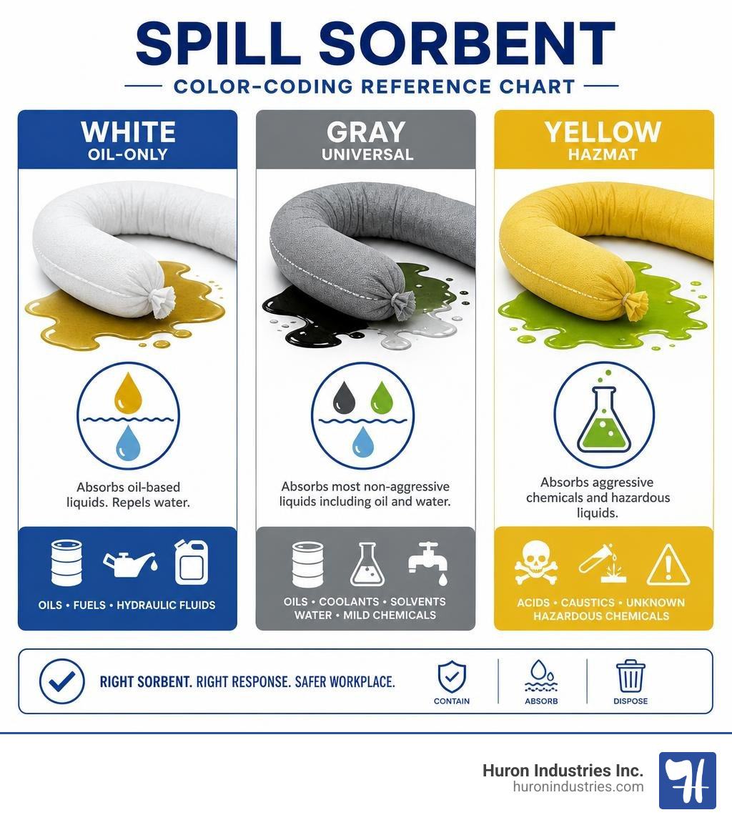 Color-coding reference chart showing white, gray, and yellow spill sorbents infographic Color-coding reference chart showing white, gray, and yellow spill sorbents infographic