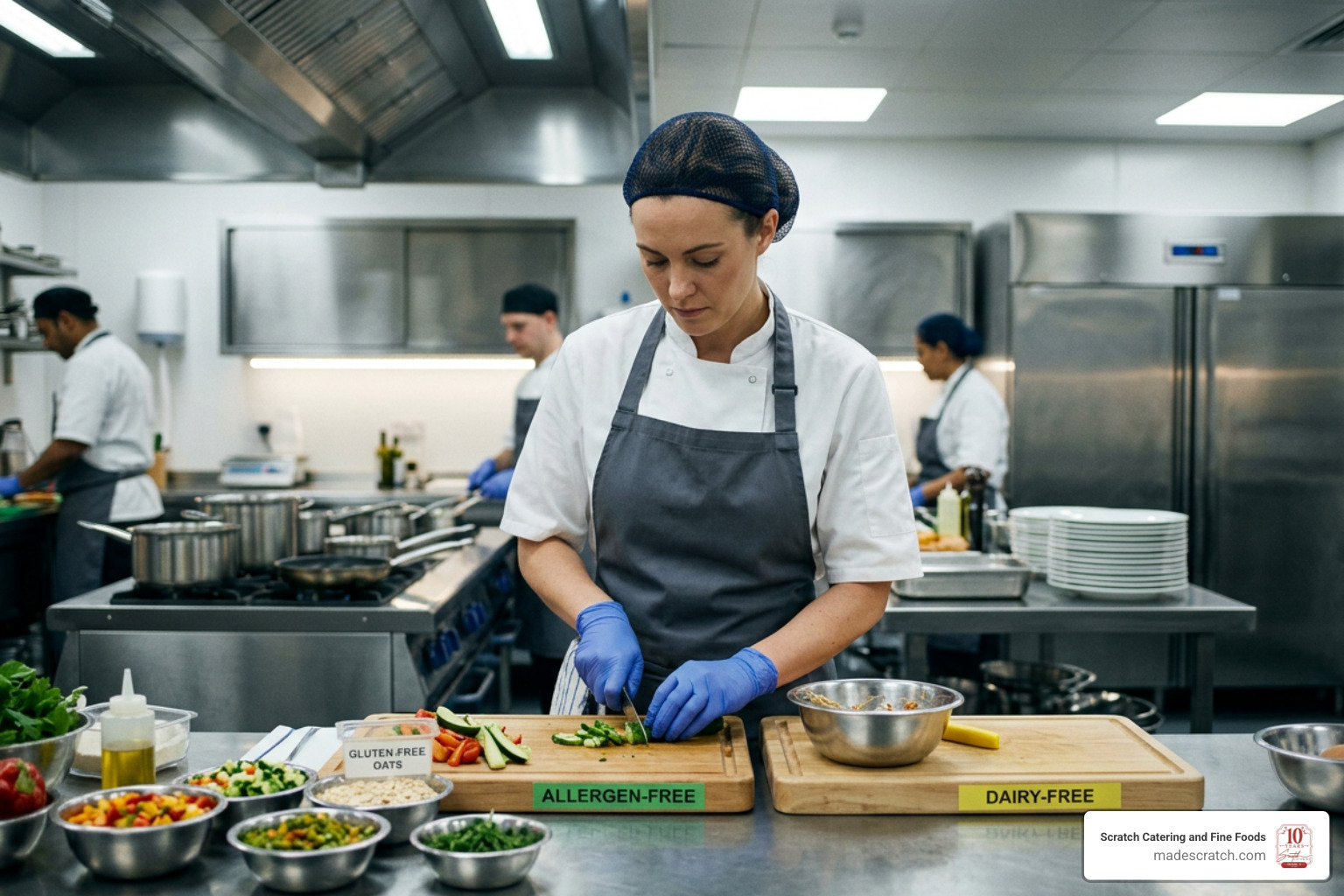 Sanitized commercial kitchen prep station for allergy-safe cooking