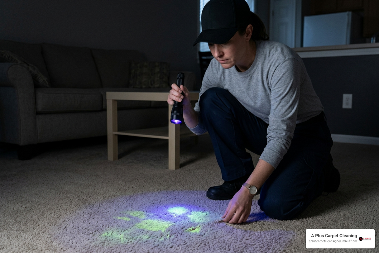 UV blacklight inspecting hidden dog urine stains on carpet
