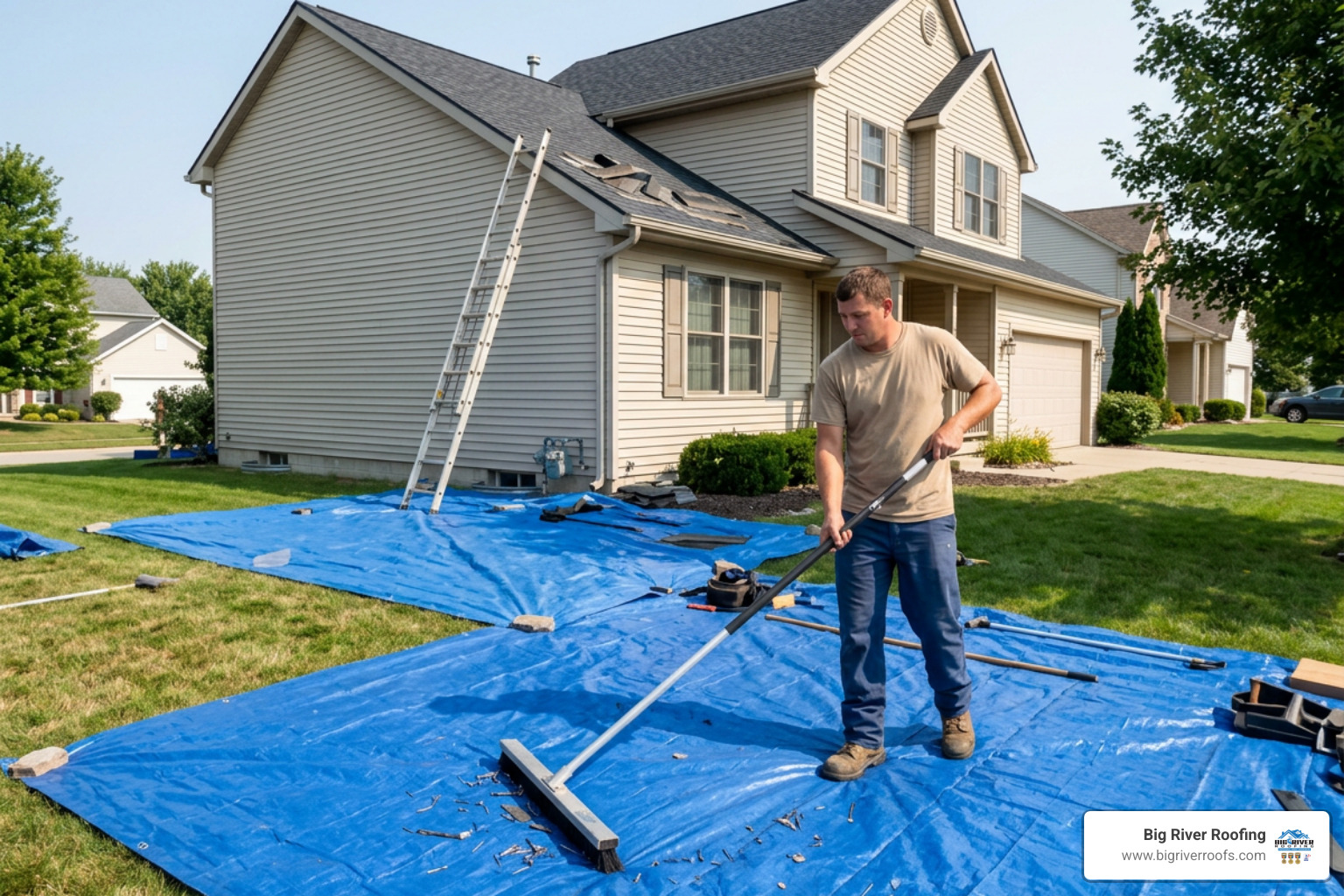 clean residential roofing jobsite with magnetic sweep and tarps clean residential roofing jobsite with magnetic sweep and tarps