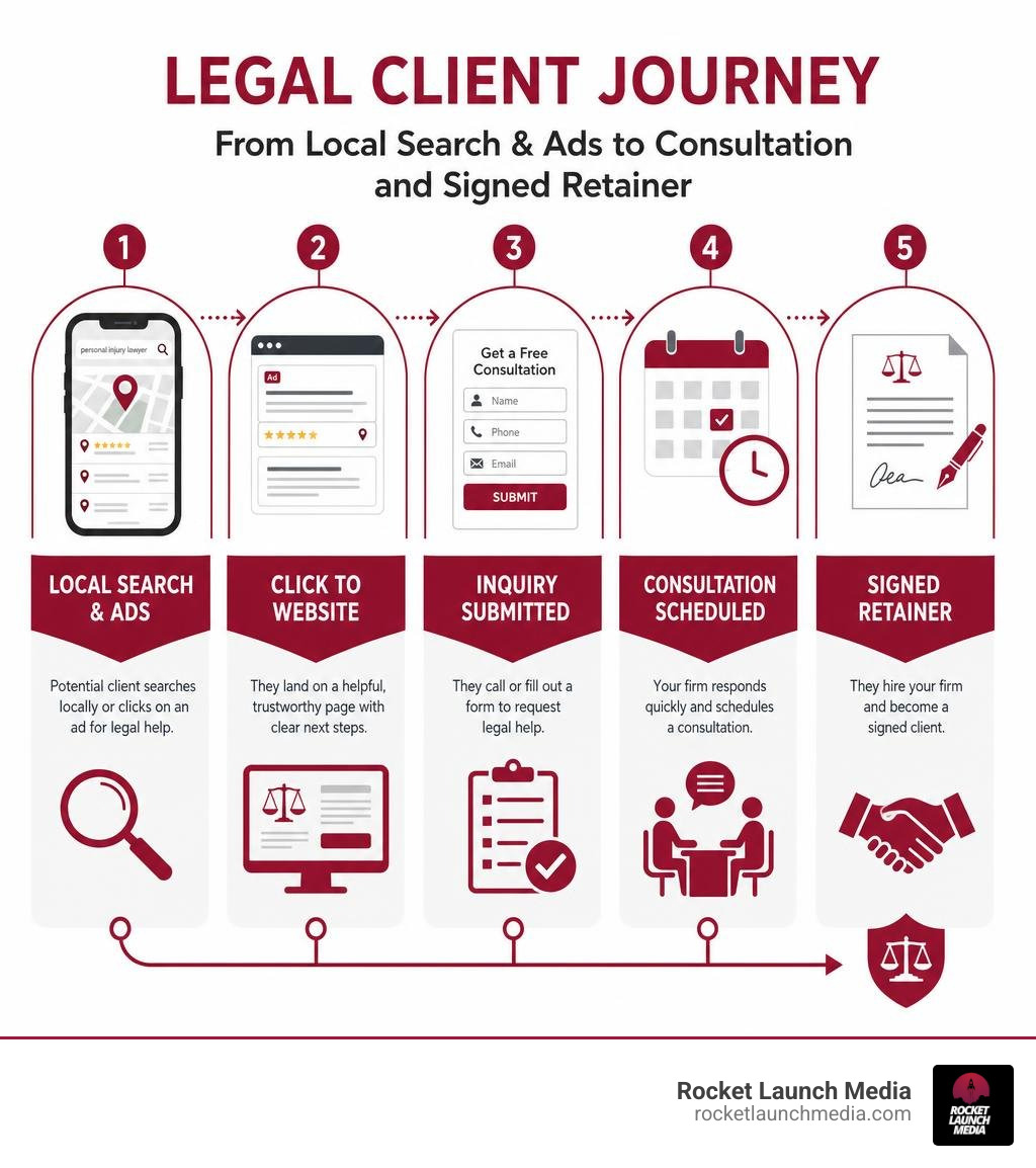 Legal client journey from local search and ads to consultation and signed retainer infographic Legal client journey from local search and ads to consultation and signed retainer infographic