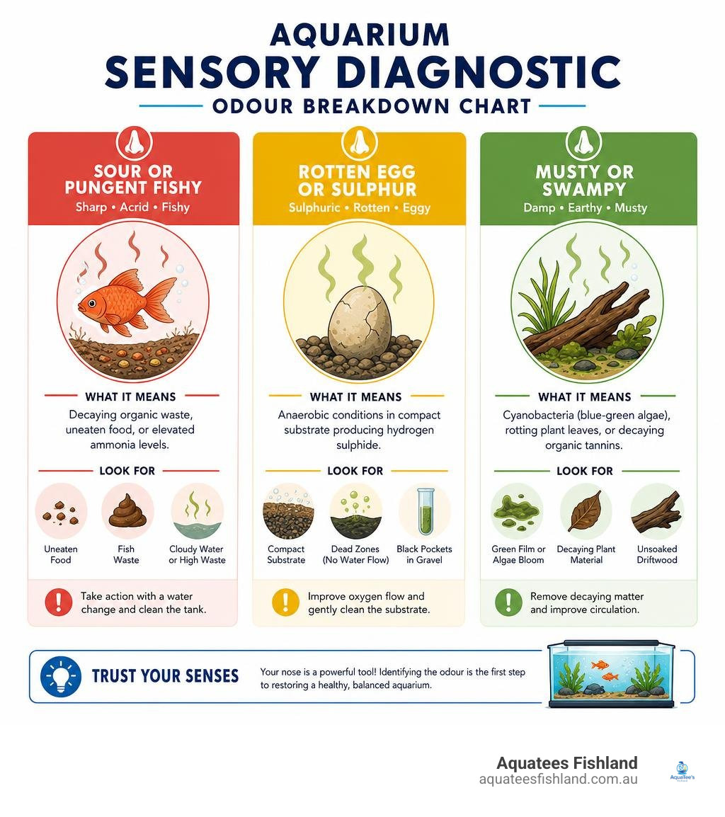 aquarium sensory diagnostic odour breakdown chart infographic