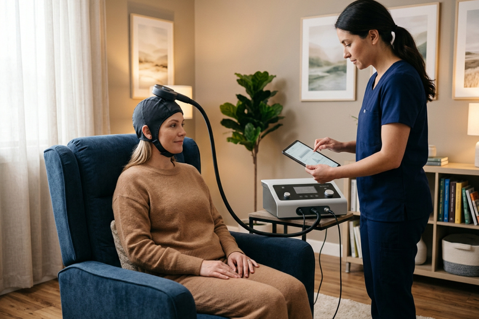 client receiving modern brain stimulation therapy in a comfortable clinic setting