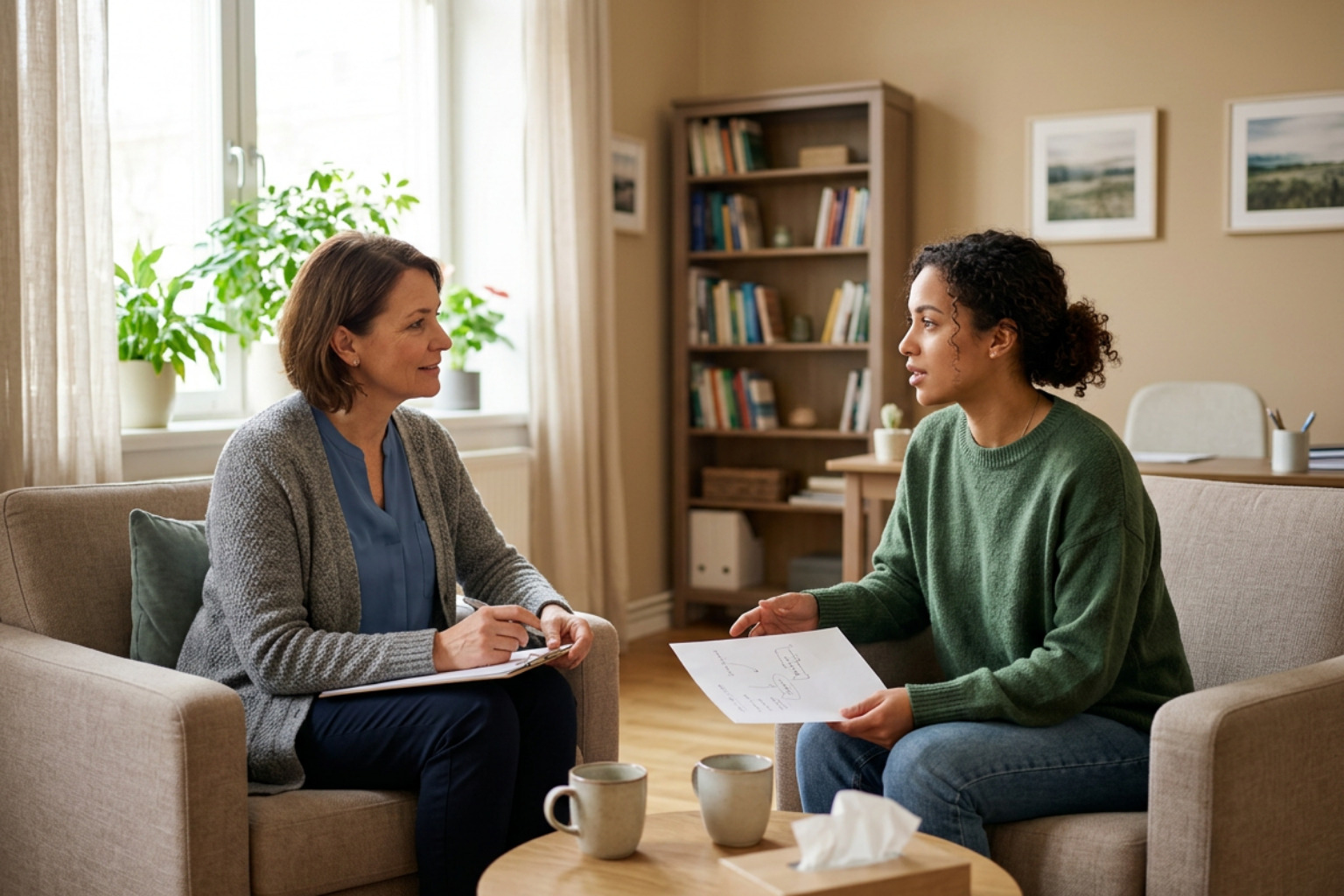 therapist guiding client through cognitive restructuring exercise in a warm office