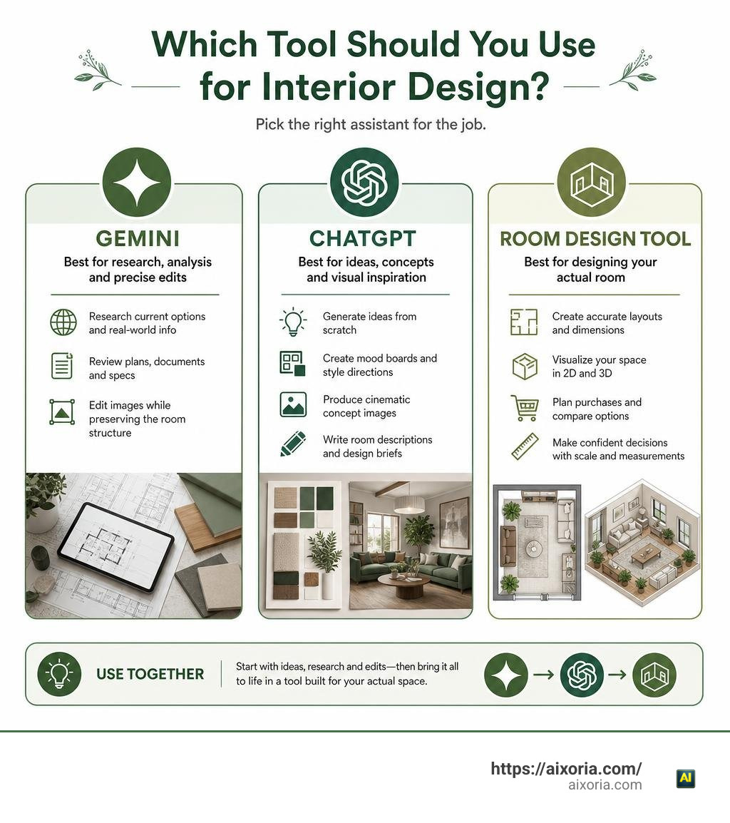 Infographic comparing when to use Gemini, ChatGPT, or a room design tool infographic