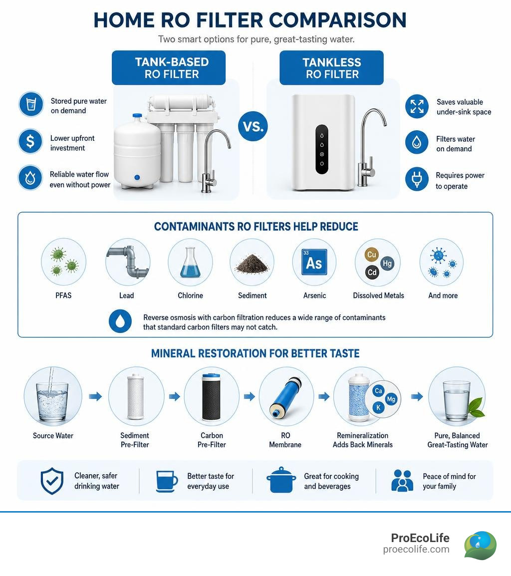 Infographic comparing tank and tankless home RO filters, contaminants, and mineral restoration infographic